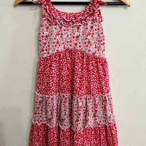 Jona Michelle Girls' Red Floral Tiered Sundress with Ruffle Neckline Size 8